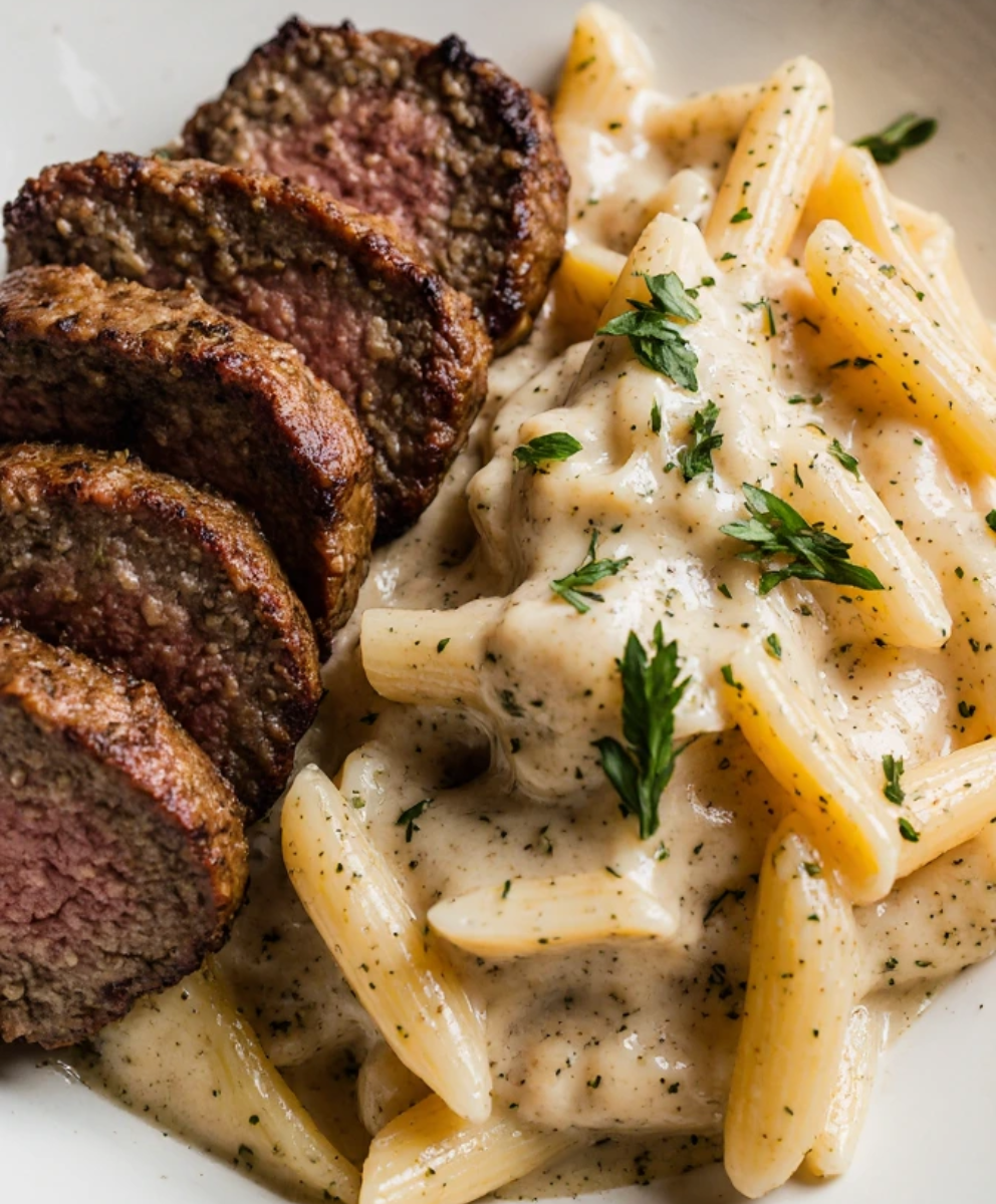 Cajun Steak Slices in Rigatoni with Parmesan Cheese Sauce